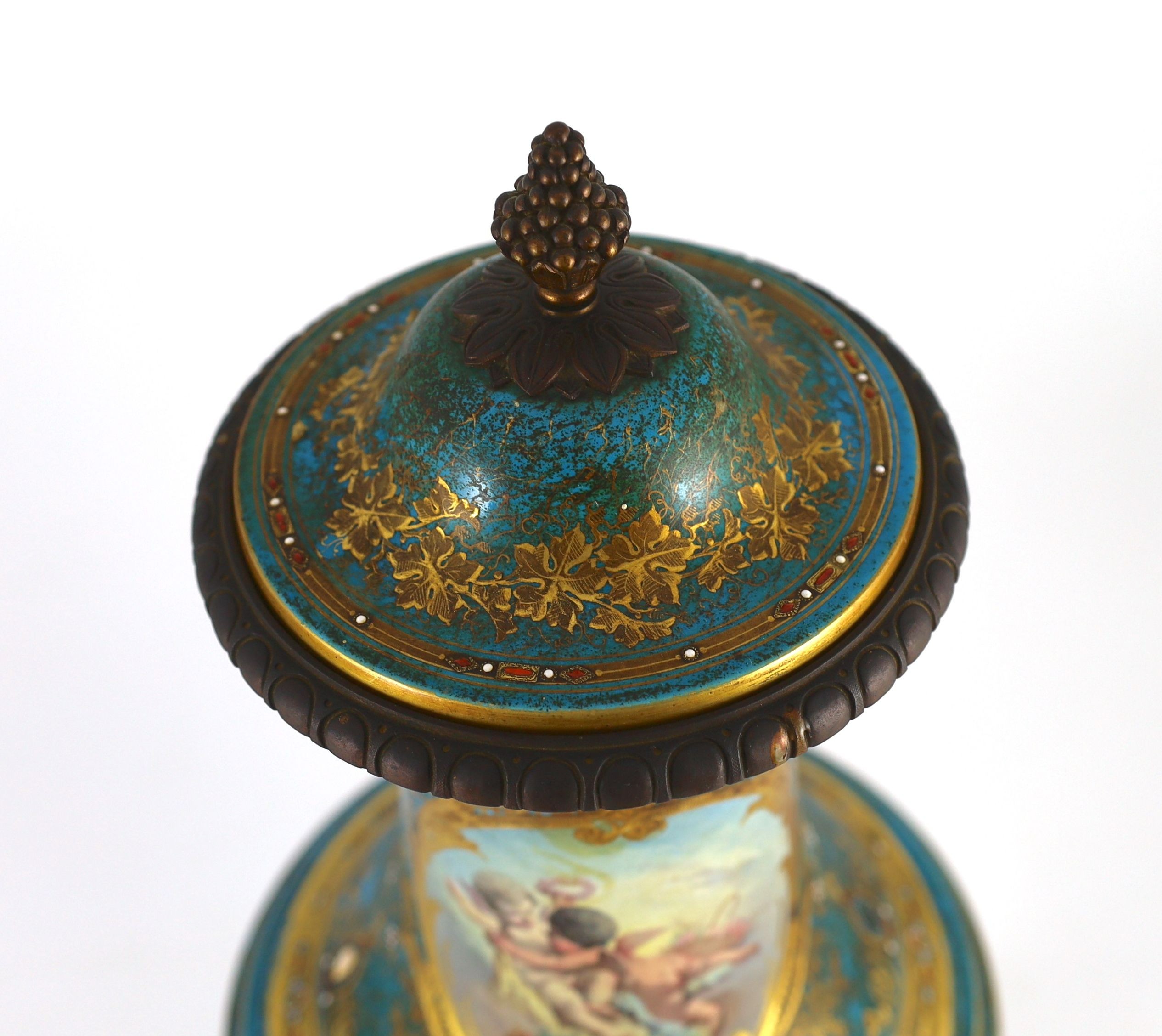 A large Sevres style porcelain ormolu mounted vase and cover, late 19th century, 61.5cm high, stained